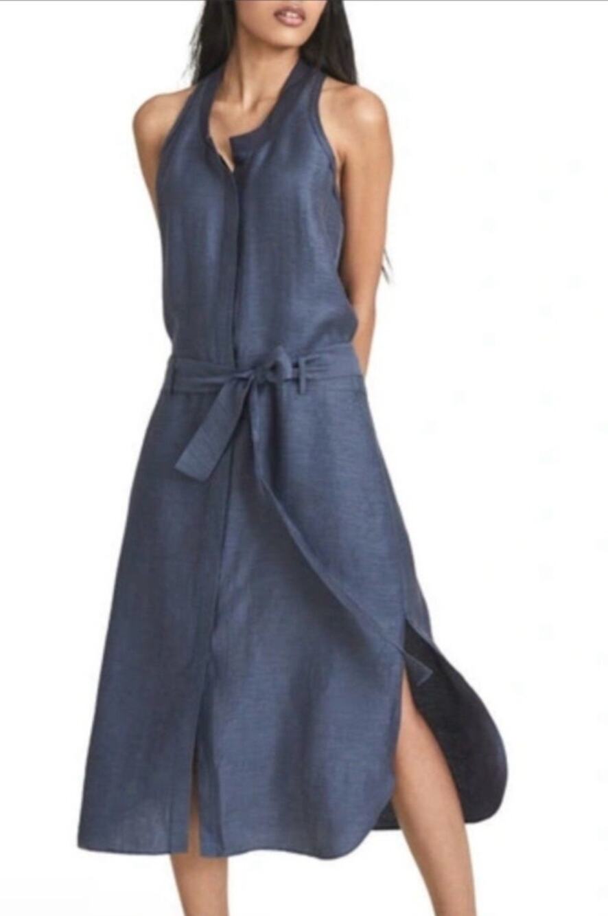 Reiss Keeley Sleeveless Belted Midi Dress Hemp Size 4 Blue Classic Quiet Luxury